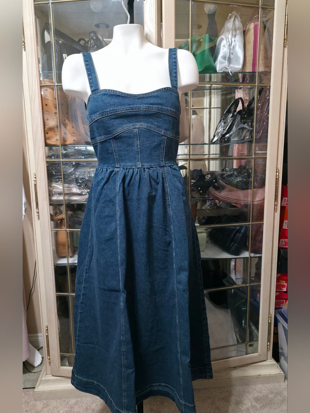 Sweetheart Neckline Denim Midi Dress